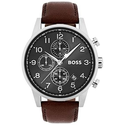 Desconocido Relógio cronógrafo de quartzo para homem, coleção Navigator, com pulseira de malha de aço inoxidável ou de couro, Castanho/prateado, tira Desconocido Relógio cronógrafo de quartzo para homem, coleção Navigator, com pulseira de malha de aço inoxidável ou de couro, Castanho/prateado, tira