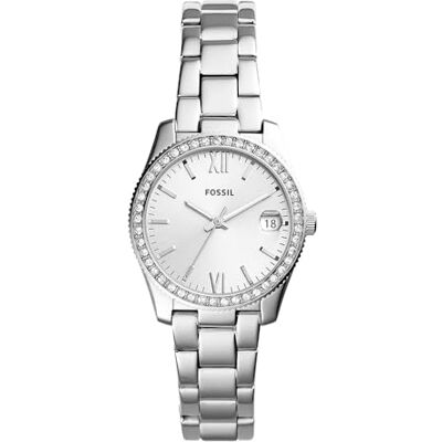 Fossil Scarlette Relógio para mulher, movimento de quartzo com correia de aço ou pele, tom prateado e branco com purpurina, 32 mm Fossil Scarlette Relógio para mulher, movimento de quartzo com correia de aço ou pele, tom prateado e branco com purpurina, 32 mm