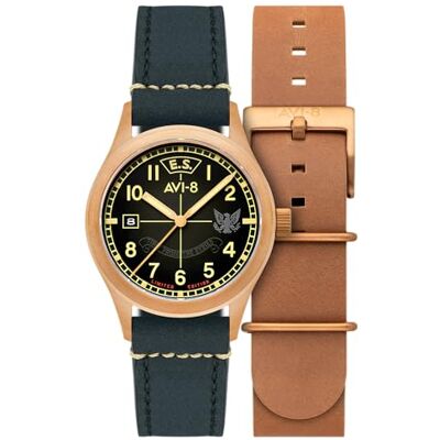 Avi-8 Flyboy Eagle Squadron Relógio automático de bronze 85, edição limitada para homem, 39 mm, com correia de couro AV-4145 Avi-8 Flyboy Eagle Squadron Relógio automático de bronze 85, edição limitada para homem, 39 mm, com correia de couro AV-4145