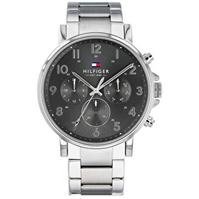 Tommy Hilfiger Relógio analógico multifuncional de quartzo para homem 46 mm 3 subesferas, correia de aço inoxidável ou couro, resistente à água 5 ATM, Prata, Tamanho único, pulseira Tommy Hilfiger Relógio analógico multifuncional de quartzo para homem 46 mm 3 subesferas, correia de aço inoxidável ou couro, resistente à água 5 ATM, Prata, Tamanho único, pulseira
