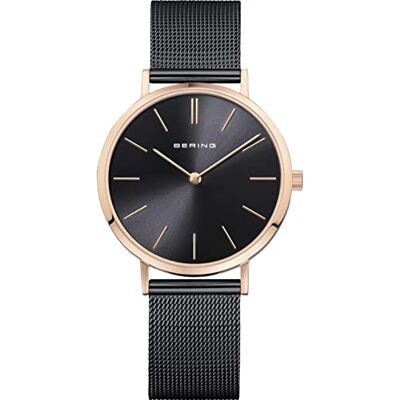 BERING Relógio de quartzo para mulher, coleção Charity em aço inoxidável e cristal de safira 14134-999-GWP, resistente à água: 3 atm, Preto/ouro rosa BERING Relógio de quartzo para mulher, coleção Charity em aço inoxidável e cristal de safira 14134-999-GWP, resistente à água: 3 atm, Preto/ouro rosa