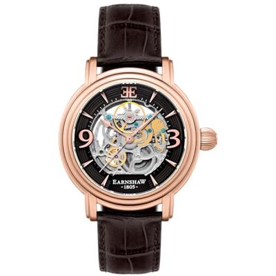 Thomas Earnshaw Longcase Grande Skeleton ES-8011 Relógio automático para homem, mostrador de coração aberto, correia de pele autêntica de 48 mm, Brandy ouro rosa, Correia Thomas Earnshaw Longcase Grande Skeleton ES-8011 Relógio automático para homem, mostrador de coração aberto, correia de pele autêntica de 48 mm, Brandy ouro rosa, Correia