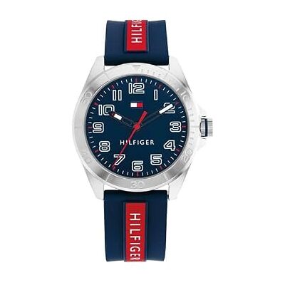 Tommy Hilfiger Relógio analógico para crianças, cor azul, vermelho e prateado , pulseira, pulseira Tommy Hilfiger Relógio analógico para crianças, cor azul, vermelho e prateado , pulseira, pulseira