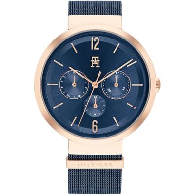 Tommy Hilfiger Relógio analógico de quartzo multifuncional para mulher com correia de malha de aço inoxidável, marinha, pulseira Tommy Hilfiger Relógio analógico de quartzo multifuncional para mulher com correia de malha de aço inoxidável, marinha, pulseira