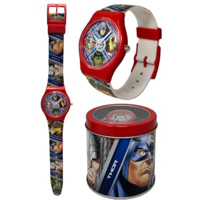 Cartoon Relógio analógico Avenger Marvel relógio para crianças em caixa de lata, vermelho Cartoon Relógio analógico Avenger Marvel relógio para crianças em caixa de lata, vermelho