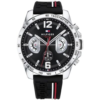 Tommy Hilfiger Relógio analógico multifuncional de quartzo para homens com correia de silicone, aço inoxidável ou couro, subesferas para dia e data, resistente à água até 5ATM., Preto, Tamanho único Tommy Hilfiger Relógio analógico multifuncional de quartzo para homens com correia de silicone, aço inoxidável ou couro, subesferas para dia e data, resistente à água até 5ATM., Preto, Tamanho único