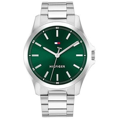 Tommy Hilfiger Relógio Bruce analógico para homem, caixa de aço inoxidável prateado, mostrador verde, 43 mm, resistente à água 3 ATM Tommy Hilfiger Relógio Bruce analógico para homem, caixa de aço inoxidável prateado, mostrador verde, 43 mm, resistente à água 3 ATM