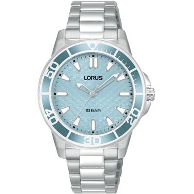 Lorus Relógio analógico de quartzo para mulher com correia de metal , prateado/azul Lorus Relógio analógico de quartzo para mulher com correia de metal , prateado/azul