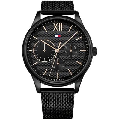 Tommy Hilfiger Relógio multifunções de quartzo para homem de 44 mm mostrador preto com motivo Clou de Paris, pulseira de malha de aço inoxidável preta, resistente à água 5ATM Tommy Hilfiger Relógio multifunções de quartzo para homem de 44 mm mostrador preto com motivo Clou de Paris, pulseira de malha de aço inoxidável preta, resistente à água 5ATM