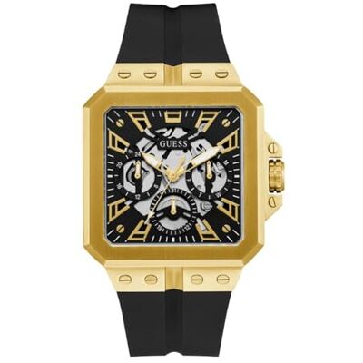 GUESS Men's 42mm Watch Black Strap Black Dial Gold Tone Case GUESS Men's 42mm Watch Black Strap Black Dial Gold Tone Case