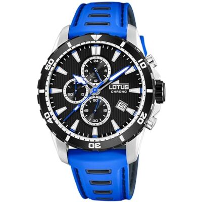 Lotus Relógio masculino analógico de borracha azul Movimento de quartzo, relógio desportivo para homem, cronógrafo, calendário, vidro mineral resistente Lotus Relógio masculino analógico de borracha azul Movimento de quartzo, relógio desportivo para homem, cronógrafo, calendário, vidro mineral resistente