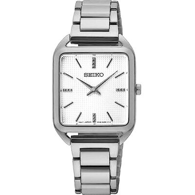 Seiko Relógio analógico para mulheres de quartzo com pulseira em aço inoxidável, Prata e Branco, pulseira Seiko Relógio analógico para mulheres de quartzo com pulseira em aço inoxidável, Prata e Branco, pulseira