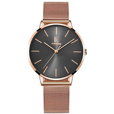 Alienwork Relógio mulher ouro rosa faixa de malha metálica cinzento ultra fina Alienwork Relógio mulher ouro rosa faixa de malha metálica cinzento ultra fina