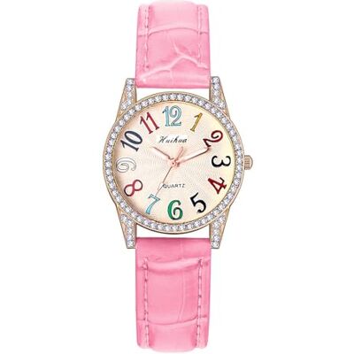JewelryWe Relógio redondo de cor para mulher: Quartzo analógico caixa de diamantes correia de couro mostrador digital grande relógio de menina, ROSA, Correia: JewelryWe Relógio redondo de cor para mulher: Quartzo analógico caixa de diamantes correia de couro mostrador digital grande relógio de menina, ROSA, Correia: