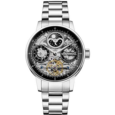 Ingersoll 1892 The Jazz, relógio automático de 42 mm para homem com fases de bolinhas, mostrador esqueleto prateado e correia de aço inoxidável prateada Ingersoll 1892 The Jazz, relógio automático de 42 mm para homem com fases de bolinhas, mostrador esqueleto prateado e correia de aço inoxidável prateada