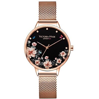 VICTORIA HYDE Relógio de pulso floral para mulheres de quartzo, pulseira de malha de aço inoxidável/correia de couro, Ouro rosa, pulseira VICTORIA HYDE Relógio de pulso floral para mulheres de quartzo, pulseira de malha de aço inoxidável/correia de couro, Ouro rosa, pulseira