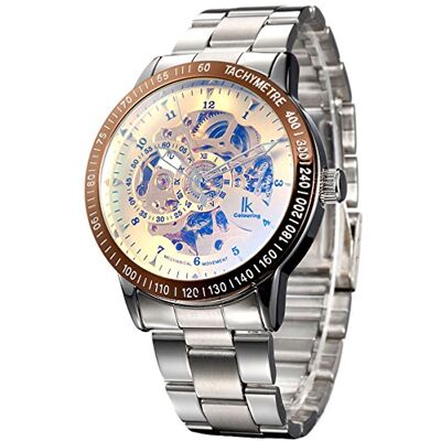 Alienwork IK Relógio automático homem mulher prateado pulseira de metal aço ouro esqueleto fundo de vidro Alienwork IK Relógio automático homem mulher prateado pulseira de metal aço ouro esqueleto fundo de vidro