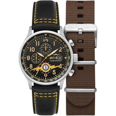 AVI-8 Relógio cronógrafo clássico Hawker Hurricane de 43,5 mm para homem com pulseira de couro AV-4011, Pulseira AVI-8 Relógio cronógrafo clássico Hawker Hurricane de 43,5 mm para homem com pulseira de couro AV-4011, Pulseira