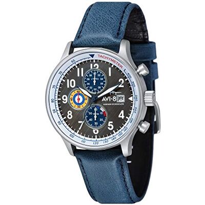 AVI-8 Hawker Hurricane AV-4011 Relógio cronógrafo clássico para homem de 43,5 mm com correia de pele, bandeira azul, cronógrafo AVI-8 Hawker Hurricane AV-4011 Relógio cronógrafo clássico para homem de 43,5 mm com correia de pele, bandeira azul, cronógrafo