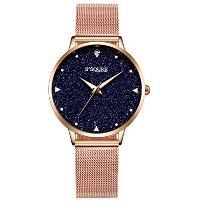 Alienwork Relógio mulher ouro rosa faixa de malha metálica preto mostrador de mármore real Alienwork Relógio mulher ouro rosa faixa de malha metálica preto mostrador de mármore real