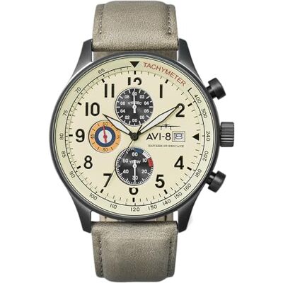 AVI-8 Hawker Hurricane Classic AV-4011 Relógio de quartzo japonês com cronógrafo e bracelete de pele para homem, 42 mm, Bege Creme, Correia AVI-8 Hawker Hurricane Classic AV-4011 Relógio de quartzo japonês com cronógrafo e bracelete de pele para homem, 42 mm, Bege Creme, Correia