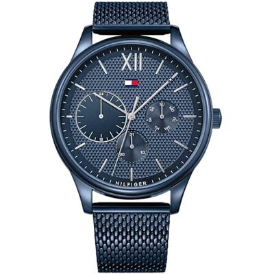 Tommy Hilfiger Relógio analógico de quartzo multifuncional para homem com correia em aço inoxidável, Azul/azul, pulseira Tommy Hilfiger Relógio analógico de quartzo multifuncional para homem com correia em aço inoxidável, Azul/azul, pulseira