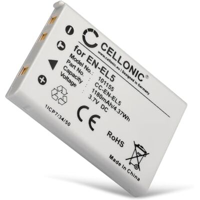 CELLONIC Bateria compatível com Nikon Coolpix P510, P500, P520, P90, EN-EL5 1180 mAh, 3,7 V, iões de lítio para Nikon Coolpix P100, P530, 6000, P6000, P80, P5100, P5000, 7900, 3700, 5200, 5900, S10 CELLONIC Bateria compatível com Nikon Coolpix P510, P500, P520, P90, EN-EL5 1180 mAh, 3,7 V, iões de lítio para Nikon Coolpix P100, P530, 6000, P6000, P80, P5100, P5000, 7900, 3700, 5200, 5900, S10