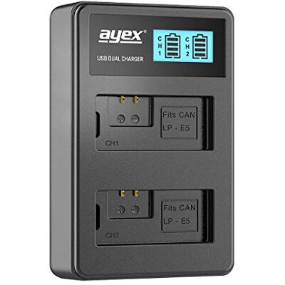 ayex Carregador USB duplo para baterias Canon LP-E5 para, por exemplo, EOS 450D 500D 1000D Rebel Xsi T1i XS, carregamento via tomada USB, portátil, bateria externa, etc. Ecrã LCD iluminado e ayex Carregador USB duplo para baterias Canon LP-E5 para, por exemplo, EOS 450D 500D 1000D Rebel Xsi T1i XS, carregamento via tomada USB, portátil, bateria externa, etc. Ecrã LCD iluminado e