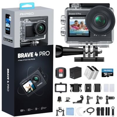 AKASO Brave 4 Pro Action Cam 4K 40M Câmara subaquática com microSD 256 GB Câmara de vídeo WiFi de 20 MP, ângulo amplo de 170°, EIS, ecrã tátil, zoom 5 ×, 2 baterias de 1350 mAh e kit de acessórios AKASO Brave 4 Pro Action Cam 4K 40M Câmara subaquática com microSD 256 GB Câmara de vídeo WiFi de 20 MP, ângulo amplo de 170°, EIS, ecrã tátil, zoom 5 ×, 2 baterias de 1350 mAh e kit de acessórios