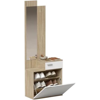 HOMCOM Recibidor de entrada com espelho de sapato ajustável, 61 x 30 x 170 Armário de 2 peças, gaveta, mesa pequena para corredor HOMCOM Recibidor de entrada com espelho de sapato ajustável, 61 x 30 x 170 Armário de 2 peças, gaveta, mesa pequena para corredor