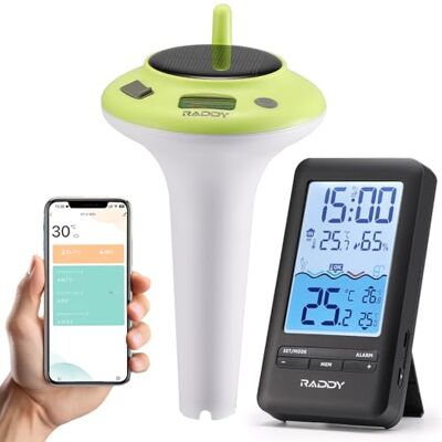 Raddy PT-5 Wi-Fi com App Termómetro de piscina, sensor de temperatura flutuante sem fios e ecrã interior, termómetro digital IPX8, carregamento solar e USB-C para banheira de hidromassagem, spa, lagoa Raddy PT-5 Wi-Fi com App Termómetro de piscina, sensor de temperatura flutuante sem fios e ecrã interior, termómetro digital IPX8, carregamento solar e USB-C para banheira de hidromassagem, spa, lagoa