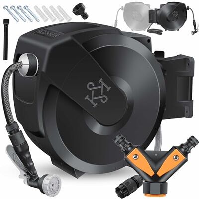 KESSER Enrolador de mangueiras, mangueira de jardim, montagem na parede, rotação de 180° e retroção automática, incl. Chuveiro de 7 funções, 35 m antracite / preto KESSER Enrolador de mangueiras, mangueira de jardim, montagem na parede, rotação de 180° e retroção automática, incl. Chuveiro de 7 funções, 35 m antracite / preto