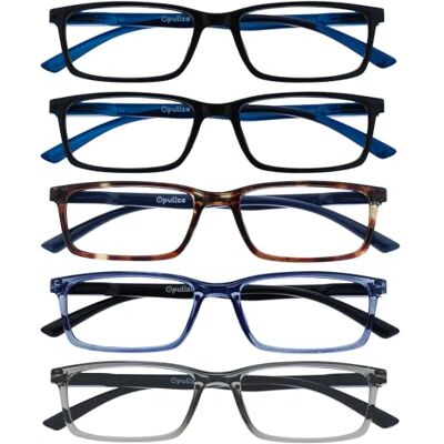 OPULIZE SEE Óculos de leitura com bloqueio de luz azul para homem e mulher, lentes antirreflexo proteção UV, retangular, 5 Pack preto / castanho/azul / cinzento OPULIZE SEE Óculos de leitura com bloqueio de luz azul para homem e mulher, lentes antirreflexo proteção UV, retangular, 5 Pack preto / castanho/azul / cinzento