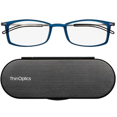 ThinOptics Brooklyn Óculos de leitura retangulares 2,00 com moldura azul com capa magnética Milano, fina, leve, compacta, força 2,00 ThinOptics Brooklyn Óculos de leitura retangulares 2,00 com moldura azul com capa magnética Milano, fina, leve, compacta, força 2,00