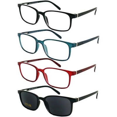 Mini Brille Conjunto de 3 óculos de leitura 1 Óculos de sol para mulher e homem, lentes retangulares graduadas, armação quadrada com dobradiça de primavera, sem estojo, preto Mini Brille Conjunto de 3 óculos de leitura 1 Óculos de sol para mulher e homem, lentes retangulares graduadas, armação quadrada com dobradiça de primavera, sem estojo, preto