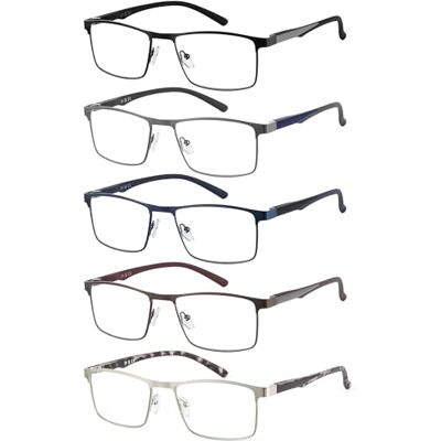 JM 5 Pack Óculos de leitura para homem, óculos retangulares presença luz azul, metal aço inoxidável dobradiça de primavera, Pacote de 5 JM 5 Pack Óculos de leitura para homem, óculos retangulares presença luz azul, metal aço inoxidável dobradiça de primavera, Pacote de 5