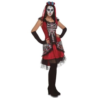 My Other Me disfarce esqueleto dia dos mortos mulher tamanho M/L adulto Inclui vestido vermelho e preto com ossos decorados, mitenes longas pretas e tocado com flores My Other Me disfarce esqueleto dia dos mortos mulher tamanho M/L adulto Inclui vestido vermelho e preto com ossos decorados, mitenes longas pretas e tocado com flores