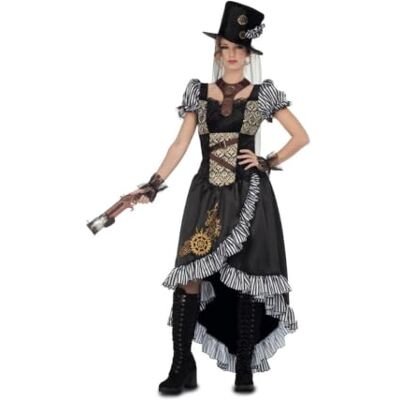My Other Me Disfarce Steampunk mulher. Inclui vestido preto com folhos e engrenagens douradas, chapéu alto com véu, gargantilha castanha e pulseiras de renda. Estilo retrofuturista. Incluye vestido negro con volantes, engranajes dorados, sombrero alto c My Other Me Disfarce Steampunk mulher. Inclui vestido preto com folhos e engrenagens douradas, chapéu alto com véu, gargantilha castanha e pulseiras de renda. Estilo retrofuturista. Incluye vestido negro con volantes, engranajes dorados, sombrero alto c
