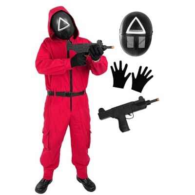 Funidelia Disfarce oficial o jogo de lula Netflix para homem e mulher com máscara triângulo e arma, macacão squid game para adultos, disfarces de carnaval, Halloween e festas, tamanho L XL Funidelia Disfarce oficial o jogo de lula Netflix para homem e mulher com máscara triângulo e arma, macacão squid game para adultos, disfarces de carnaval, Halloween e festas, tamanho L XL