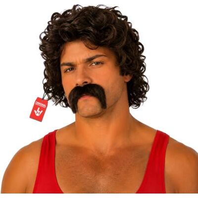 Fun Shack Peruca Anos 80 castanho com bigode para homem, disfarces carnaval homem disponível em tamanho único Fun Shack Peruca Anos 80 castanho com bigode para homem, disfarces carnaval homem disponível em tamanho único