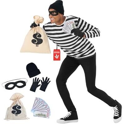 Morph Disfarce de ladrão de banco para homem, fato de polícia e ladrões com acessórios, disfarces para carnaval e Halloween, L Morph Disfarce de ladrão de banco para homem, fato de polícia e ladrões com acessórios, disfarces para carnaval e Halloween, L