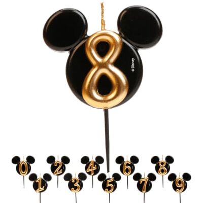 dekora Vela de aniversário do Mickey Mouse Velas da Disney Cera de parafina sem fragrância Velas para crianças com orelhas do Mickey Mouse preto e dourado Tamanho 8,5 cm Número 8 dekora Vela de aniversário do Mickey Mouse Velas da Disney Cera de parafina sem fragrância Velas para crianças com orelhas do Mickey Mouse preto e dourado Tamanho 8,5 cm Número 8