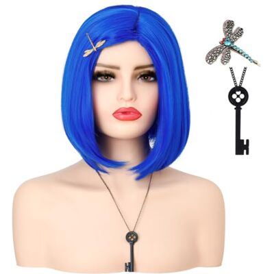 ATAYOU Peruca curta azul para mulher, peruca Bob lisa azul com garfo libélula e colar chave botão preto para disfarce de coral Halloween Cospla ATAYOU Peruca curta azul para mulher, peruca Bob lisa azul com garfo libélula e colar chave botão preto para disfarce de coral Halloween Cospla
