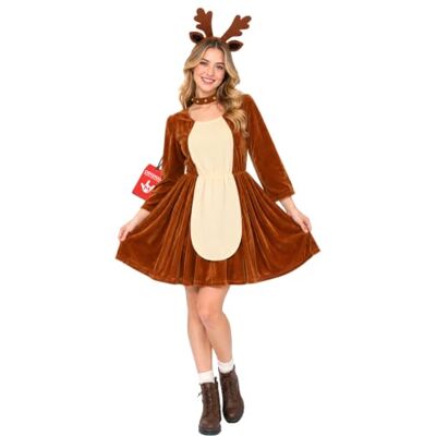 Fun Shack Disfarce rena mulher adulto, vestido veado natal, disfarces para carnaval e Natal Vestido con Cola, Diadema con Cuernos & Collar, Diseño Navideño, Perfecto para Halloween, Ideal para Disfrazarse Fun Shack Disfarce rena mulher adulto, vestido veado natal, disfarces para carnaval e Natal Vestido con Cola, Diadema con Cuernos & Collar, Diseño Navideño, Perfecto para Halloween, Ideal para Disfrazarse