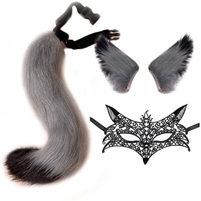 DRESHOW Pele sintética orelhas e de lobo raposa e máscaras venezianas de renda conjunto de cosplay para Halloween, Natal, festa, acessórios de disfarce DRESHOW Pele sintética orelhas e de lobo raposa e máscaras venezianas de renda conjunto de cosplay para Halloween, Natal, festa, acessórios de disfarce