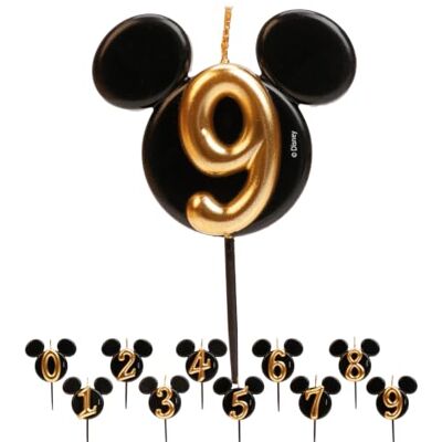dekora Vela de aniversário de Mickey Mouse velas da Disney cera de parafina sem fragrância, velas para crianças com orelhas de rato de Mickey Mouse preto e dourado, tamanho 8,5 cm número 9 dekora Vela de aniversário de Mickey Mouse velas da Disney cera de parafina sem fragrância, velas para crianças com orelhas de rato de Mickey Mouse preto e dourado, tamanho 8,5 cm número 9