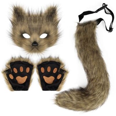 DRESHOW Cauda de raposa de pele sintética peluche gato de lobo máscara disfarce de festa de Halloween luvas de pata Cosplay Set para mulheres, Tamanho único DRESHOW Cauda de raposa de pele sintética peluche gato de lobo máscara disfarce de festa de Halloween luvas de pata Cosplay Set para mulheres, Tamanho único