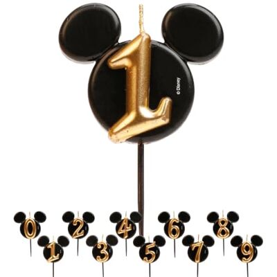 dekora Vela de aniversário de Mickey Mouse velas da Disney cera de parafina sem fragrância, velas para crianças com orelhas de rato de Mickey Mouse preto e dourado, tamanho 8,5 cm número 1 dekora Vela de aniversário de Mickey Mouse velas da Disney cera de parafina sem fragrância, velas para crianças com orelhas de rato de Mickey Mouse preto e dourado, tamanho 8,5 cm número 1