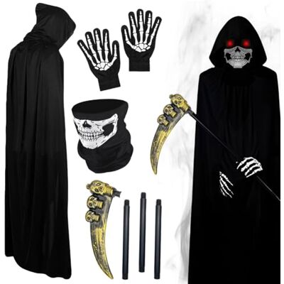 HOXSNII Halloween capa para adulto, 4 peças disfarce de vampiro com camada máscara luvas acessórios camadas com capuz disfarces de morte para o Halloween carnaval cosplay (90 cm) HOXSNII Halloween capa para adulto, 4 peças disfarce de vampiro com camada máscara luvas acessórios camadas com capuz disfarces de morte para o Halloween carnaval cosplay (90 cm)