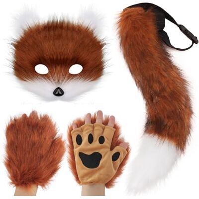 DRESHOW Cauda de raposa de pele sintética peluche gato de lobo máscara disfarce de festa de Halloween luvas de pata Cosplay Set para mulheres DRESHOW Cauda de raposa de pele sintética peluche gato de lobo máscara disfarce de festa de Halloween luvas de pata Cosplay Set para mulheres